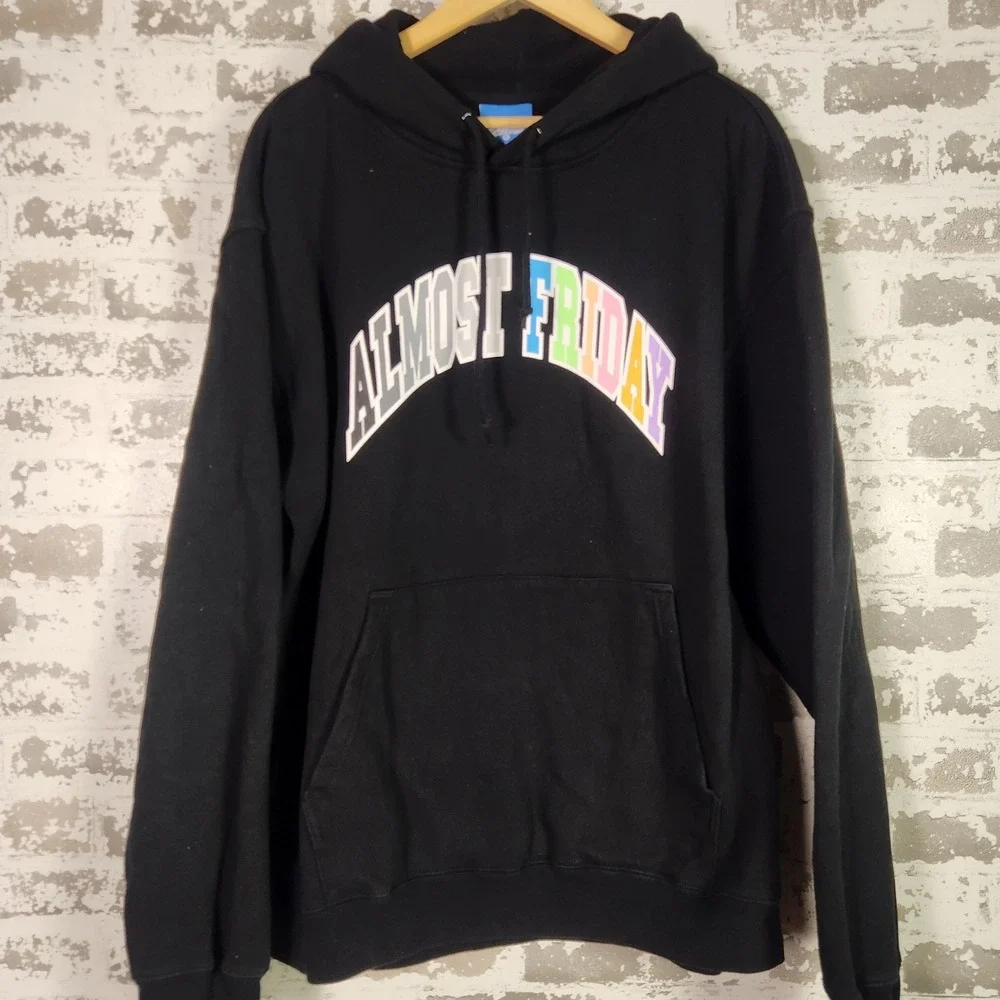 Friday Beers Almost Friday‎ Hoodie Men's XL Black Colorful Graphic Sweatshirt